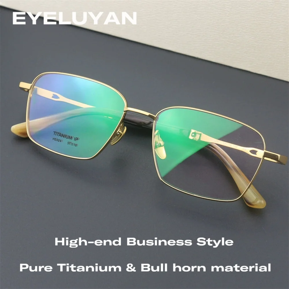 EYELUYAN Men's Luxury Prescription Glasses 152mm Large Size Square Titanium Frame Natural Buffalo Horn Temples H2424