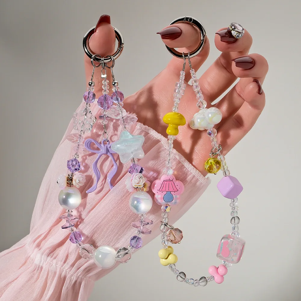 Anti Loss Mobile Phone Strap Wrist Chain Candy-colored Bow Tie Star Butterfly Beaded Pendant Keychain Bag Hangings Decoration