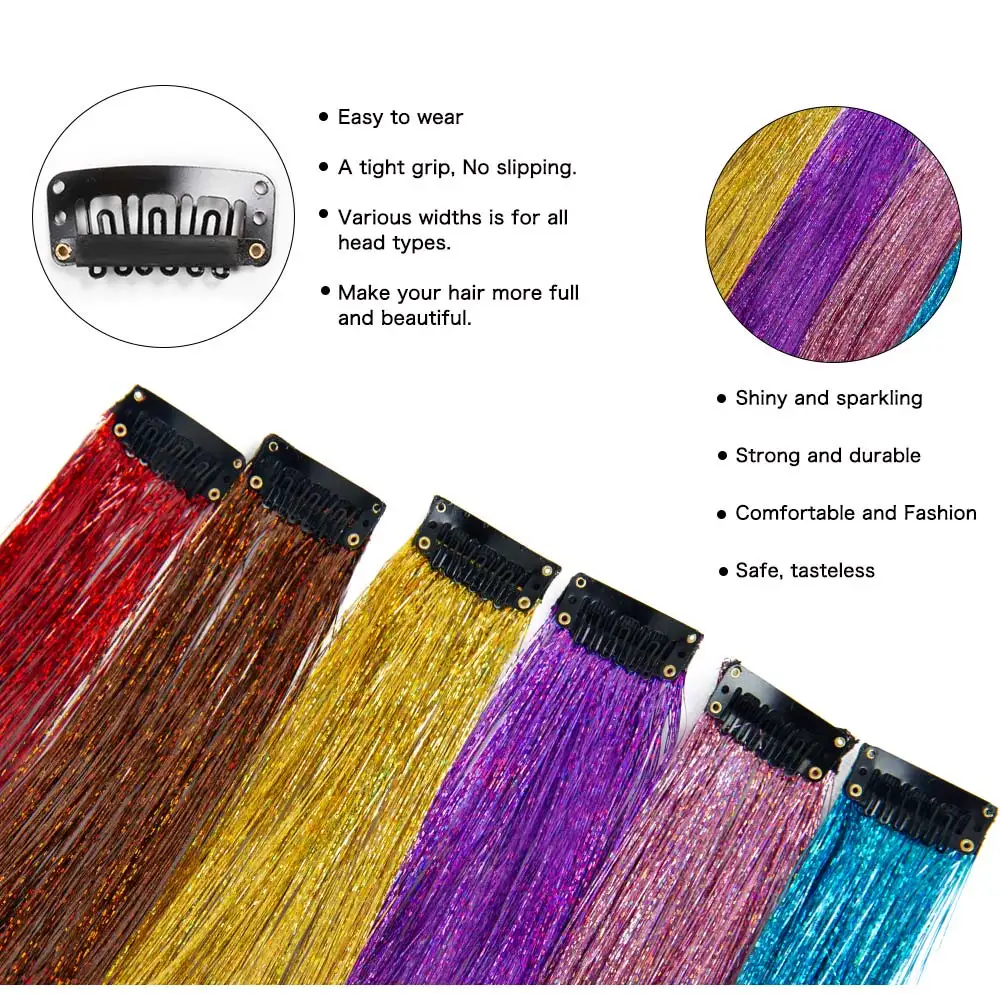 Extensiones de cabello brillante con Clip para trenzas, oropel resistente al calor, arcoíris, 5 unids/lote por paquete