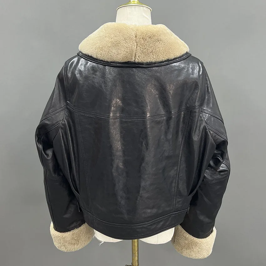 JANEFUR レディース 本革ジャケット ショートダウンジャケット ラムズウール襟付き 暖かい冬コート JFB8-25002