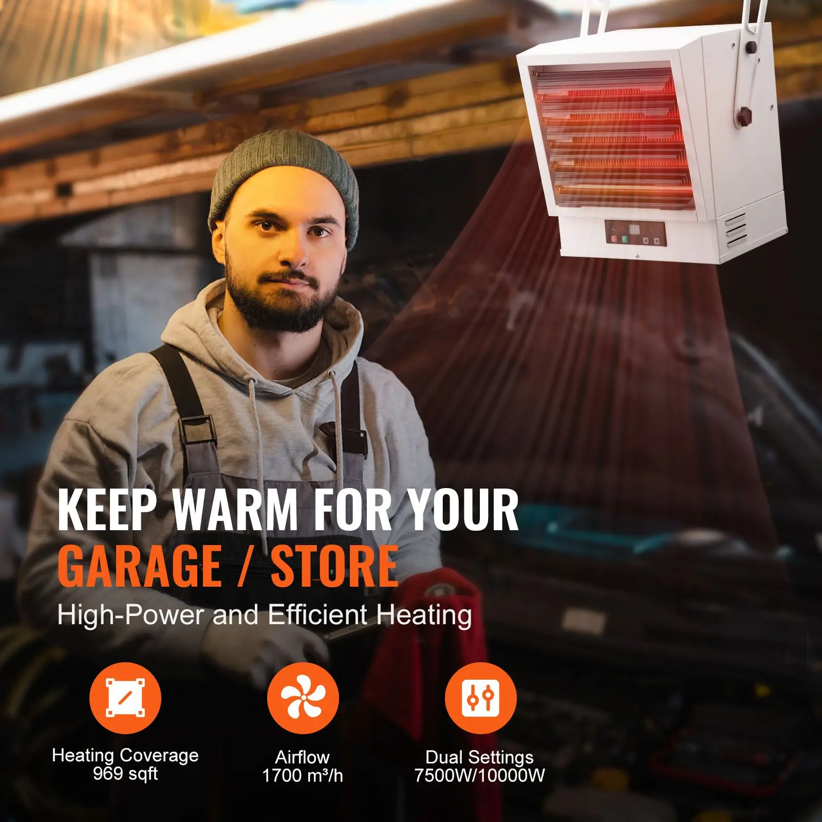 Electric Garage Heater, 10000-Watt Digital Fan-Forced Wall/Ceiling Mount Shop Heater, with Remote Control Overheat Protection, H