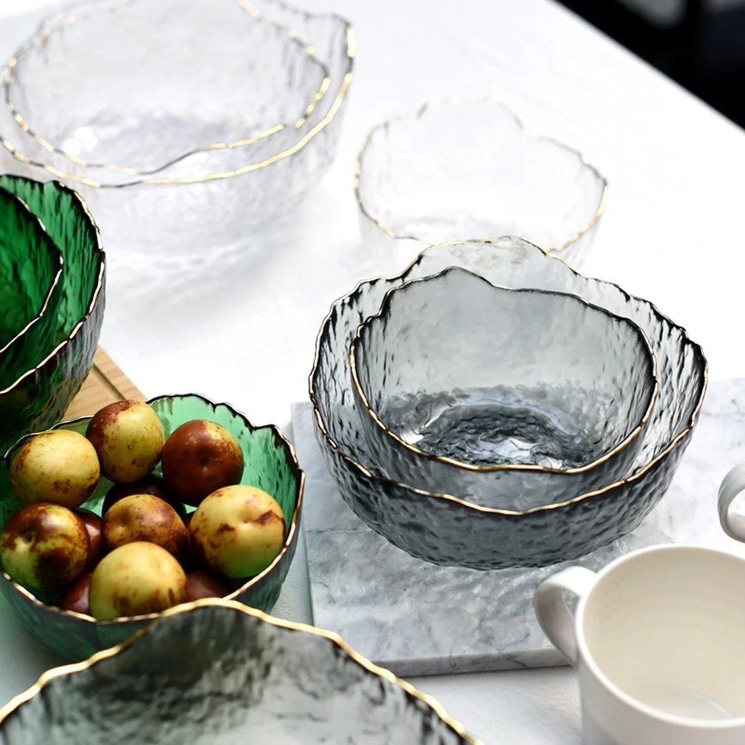 Transparent Salad Bowl with Gold Rim, Crystal Glass Bowl, Rice Bowl,  Storage Container, Tableware Set, Snack and Dessert Bowls