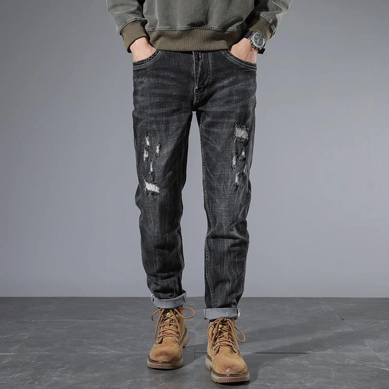 

New distressed jeans men's American style trendy elastic straight leg retro slim and versatile pants demin skinny ripped jeans