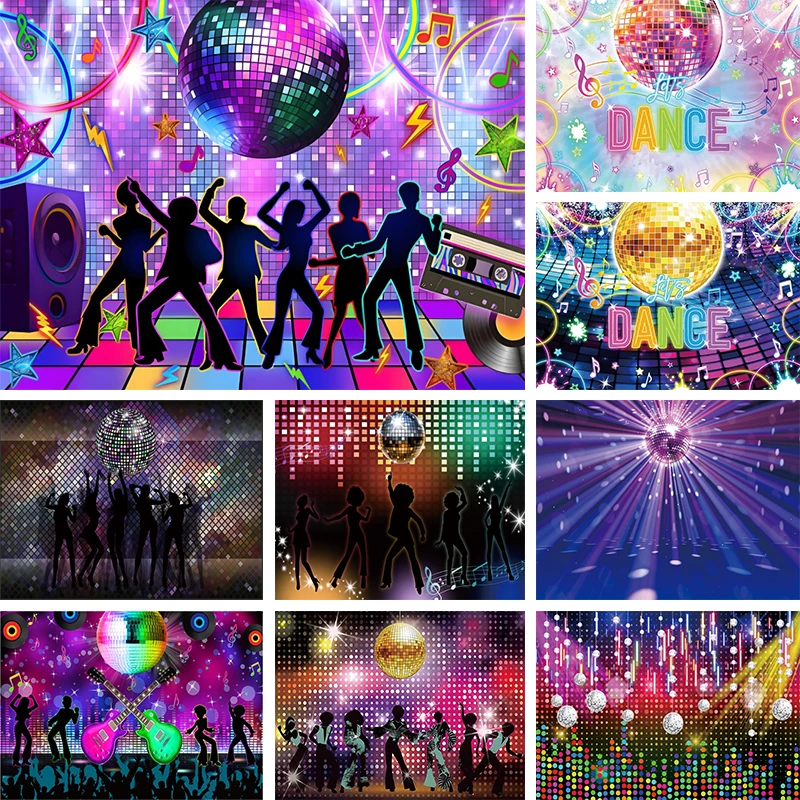 Disco Glitter Photo Backdrop Disco Ball Photo Booth Background Hip Hop Music Dance Crowd Neon Disco Party Decorations Banner