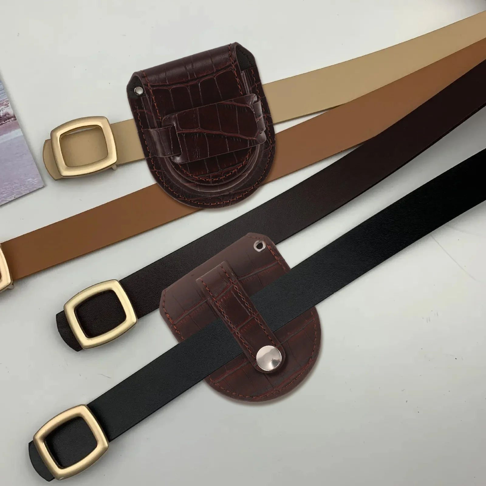 Brown Bamboo Pocket Watch PU Case Durable Protective Belt Holder Lightweight Watch Storage Accessories for Men