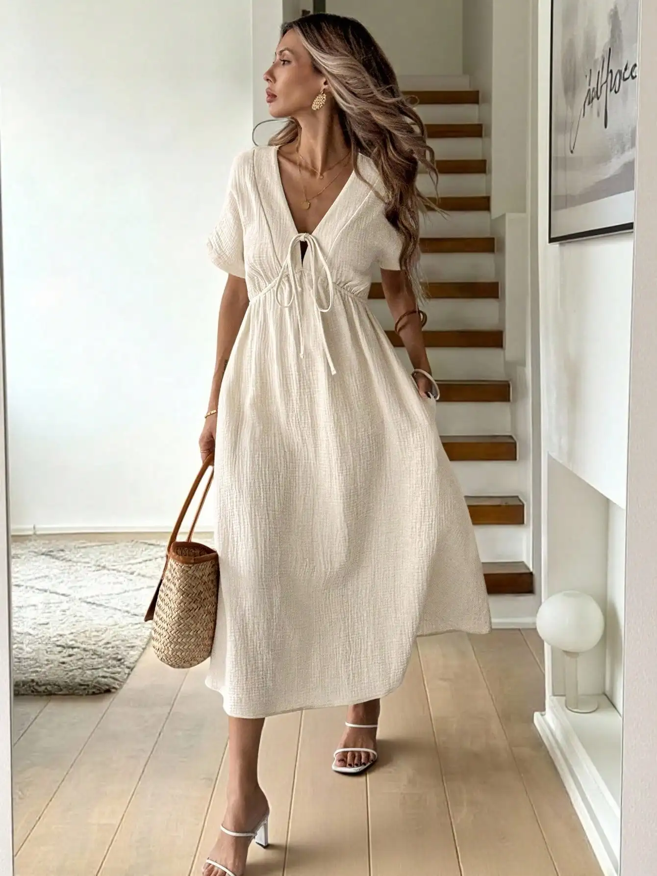 

Cream V-Neck Short Sleeve Midi Dress with Drawstring Waist and Pocket