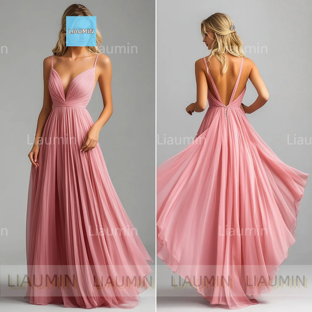 Classic A Line Pink Chiffon Floor Length Lace-up Back Prom Formal Wedding Dresses Evening Bridesmaid Clothing Custom Made C-2