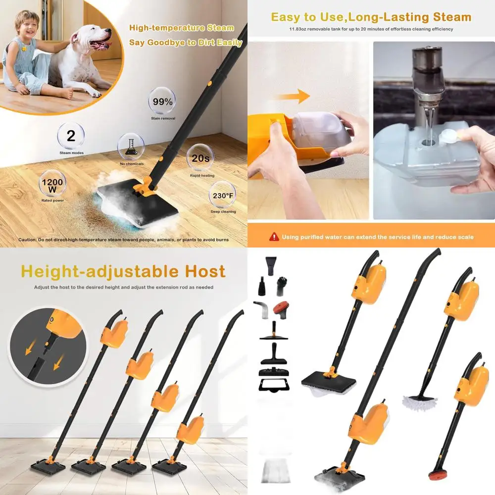 

Handheld Steam Cleaner with 13 Attachments, 23FT Power Cord, 11.83OZ Tank, Adjustable Height for Floors, Carpets, Tiles, Windows