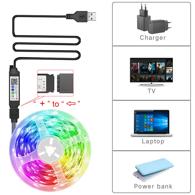 Bande lumineuse LED avec télécommande, lumières TV, ruban flexible, décoration de fête à la maison, USB, RVB 5050, 5V