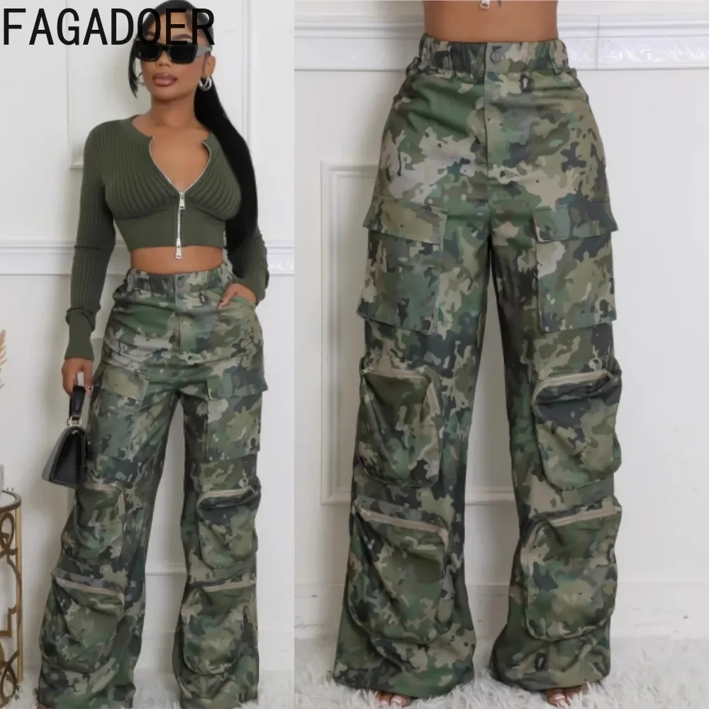 FAGADOER Fashion Camouflage Straight Pants Women Buttons High Waist Cargo Pocket Patchwork Wide Leg Trousers Y2K Streetwear New