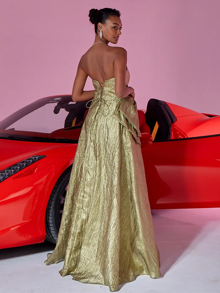 ใหม่หรูหราด้านบนโบว์ทองชุดราตรีผู้หญิงยาว A-Line ชุดงานแต่งงาน Maxi ค็อกเทลน้องสาวชุด