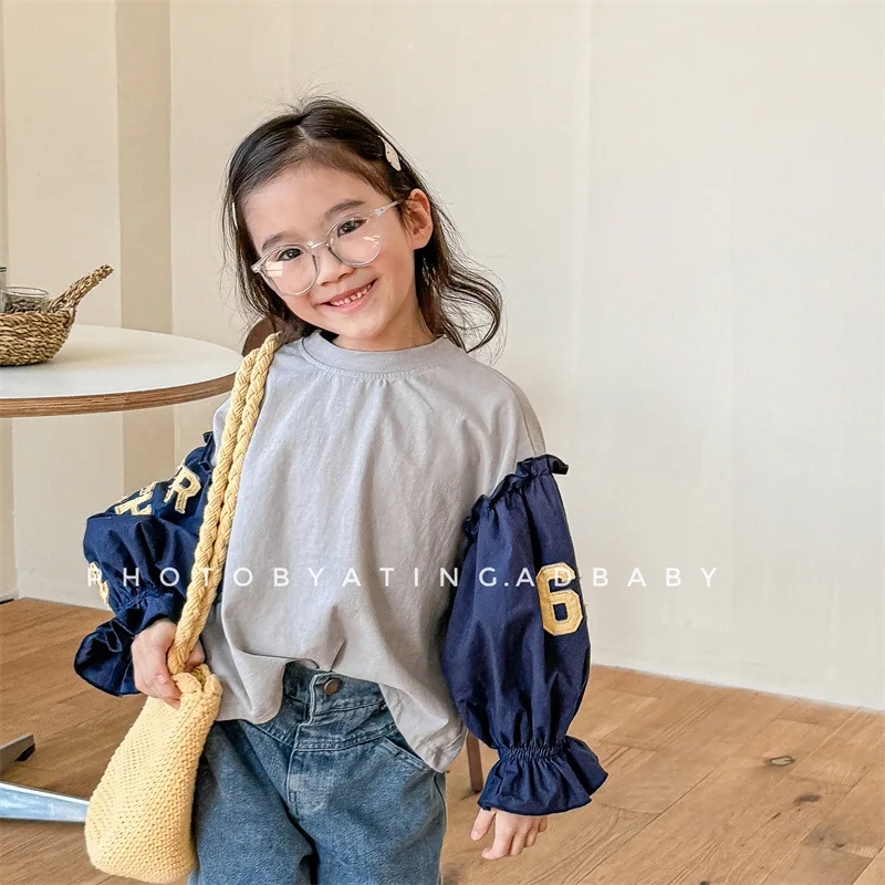 2024 Spring New Baby Girl Splicing Shirts Cotton Toddler Fashion Pull Sleeve Tops Kids Letter Casual Blouse Children Clothes