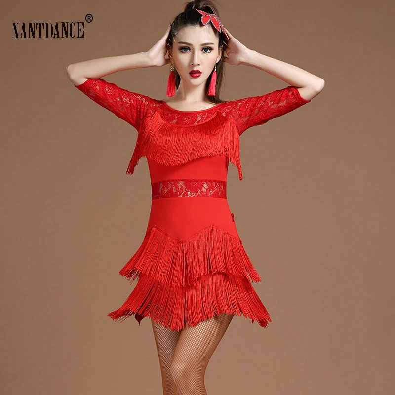 Vestido de baile latino con borlas dinámicas para mujer, vestido de baile Sexy con empalme de encaje para mujer, traje profesional de salón Tango Salsa Rumba