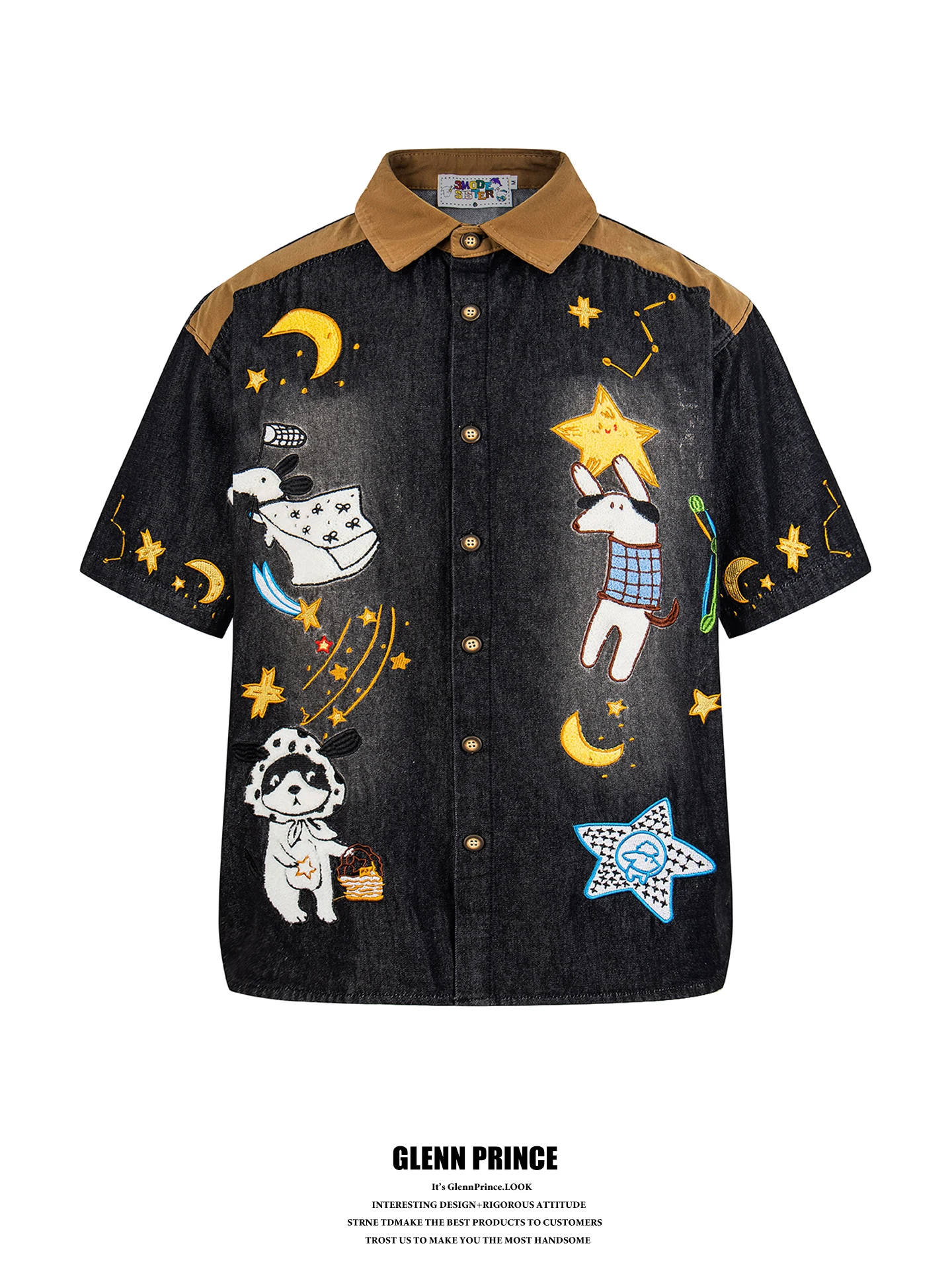 

Loose Fit American Retro Star Dog Patchwork Denim Shirt Short Sleeve Men Summer College Style Cotton Youth Casual Fashion