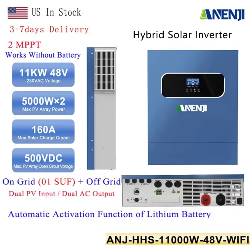 

ANENJI 11KW Hybrid Solar Inverter 48V 230VAC Pure Sine On Grid Inverter 2 AC Output/PV Input On Grid 160A Solar Charger PV 500V