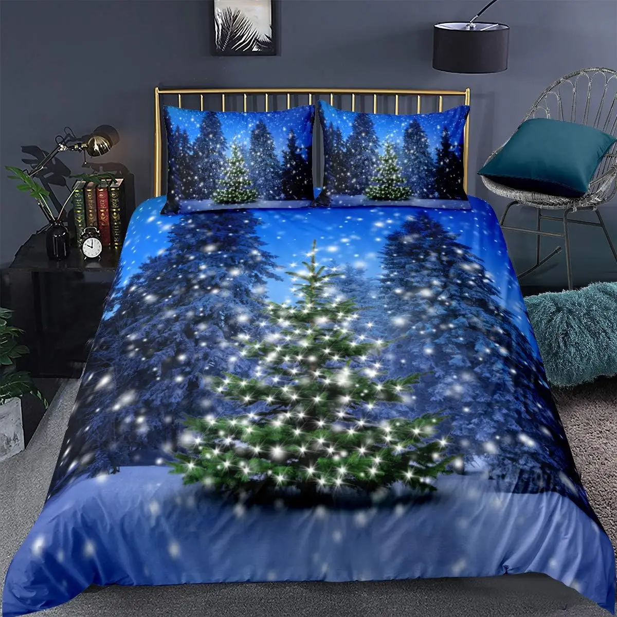 Christmas Tree Duvet Cover Santa Claus Christmas Night Scene Decor Comforter Cover for Family Teens Merry Christmas Theme Decor