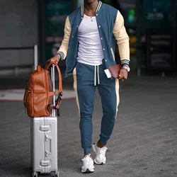 2024 cross-border men's fall and winter new baseball wear casual cardigan coat matching color sports pants suit