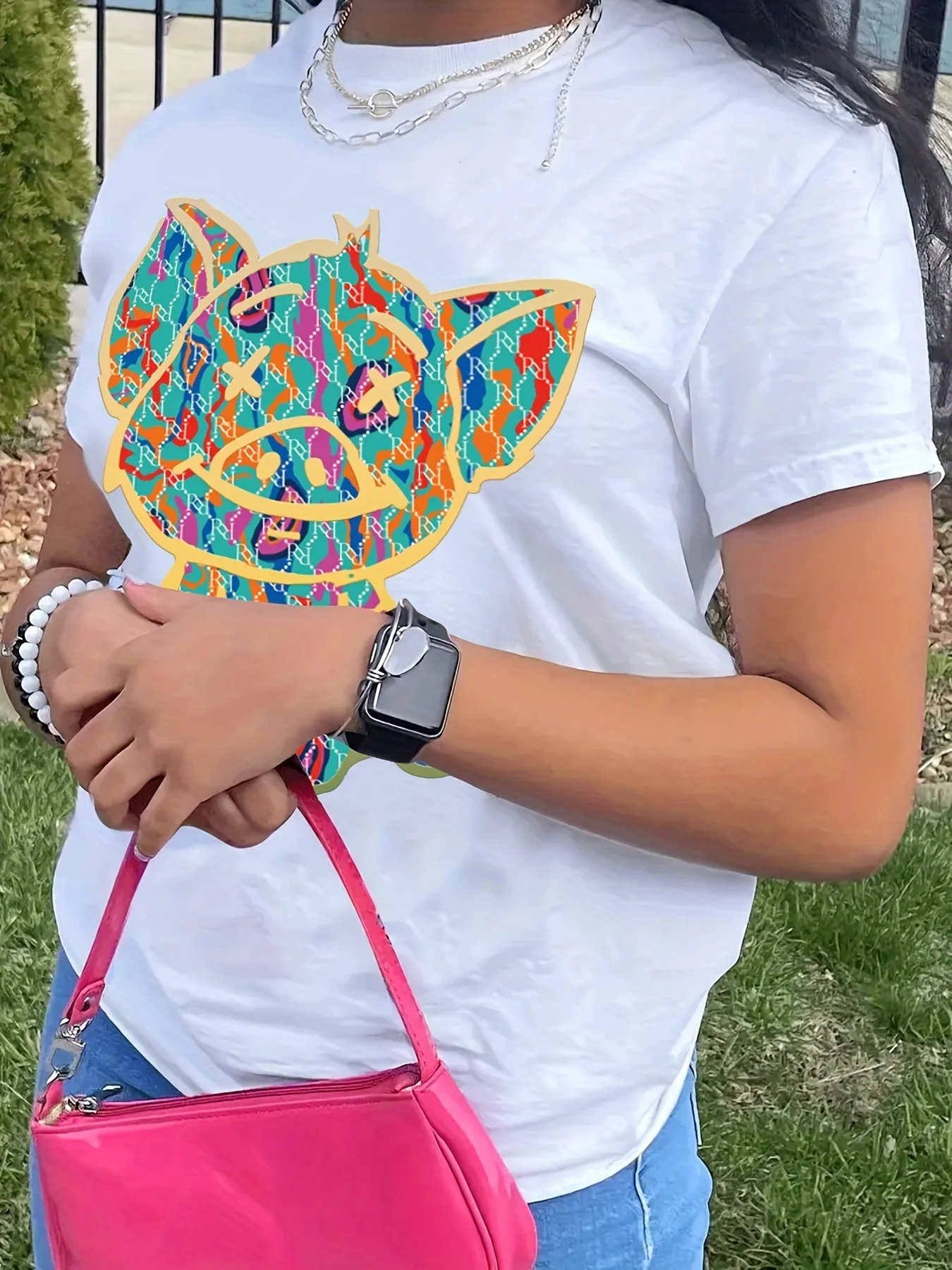 Women\'s T-shirt Cartoon Rabbit Print T shirt Casual Crew Neck