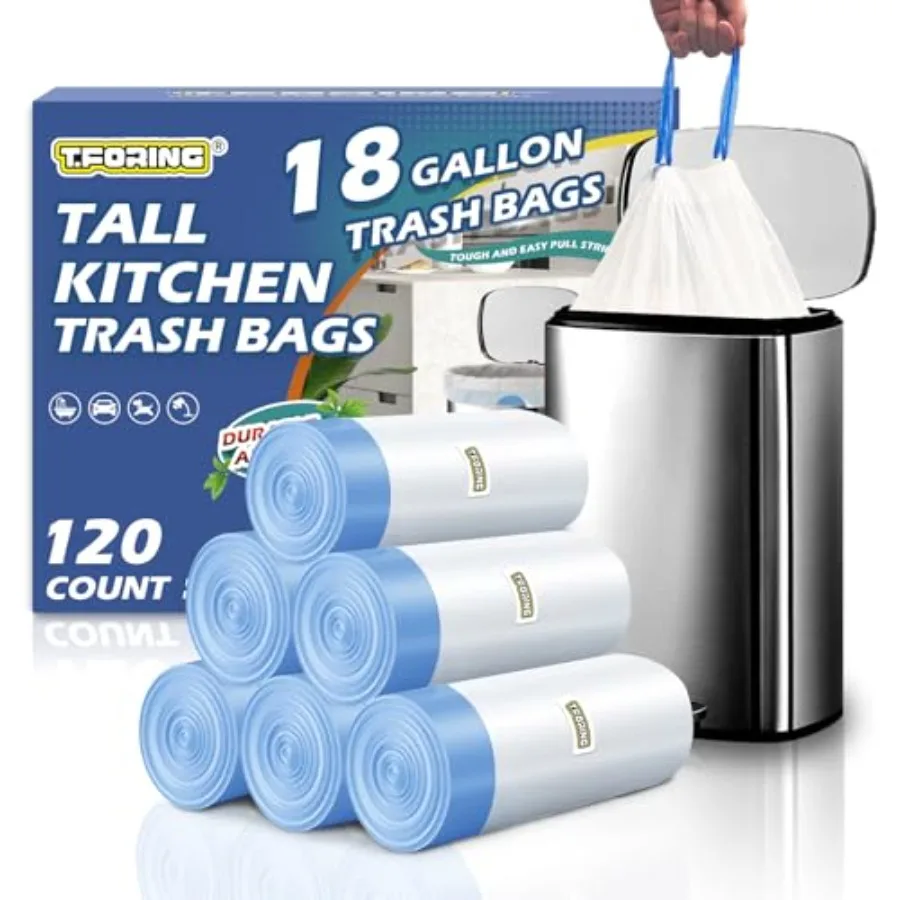 

18 Gallon Trash Compactor Bags with Drawstring - 120 Count Heavy Duty 1.7 Mil Garbage Bags 68 Liter Tall Kitchen Bin Liners Uns