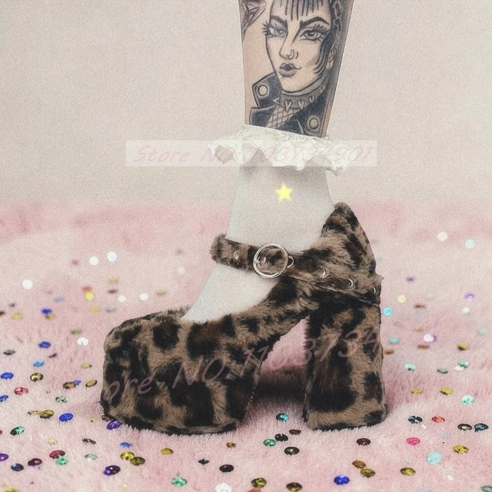 Leopard Furry Mary Jane Sandals Women Platform Round Toe Ankle Strap Chunky Heels Shoes Size Plus Lady Fashion Y2K Sandals