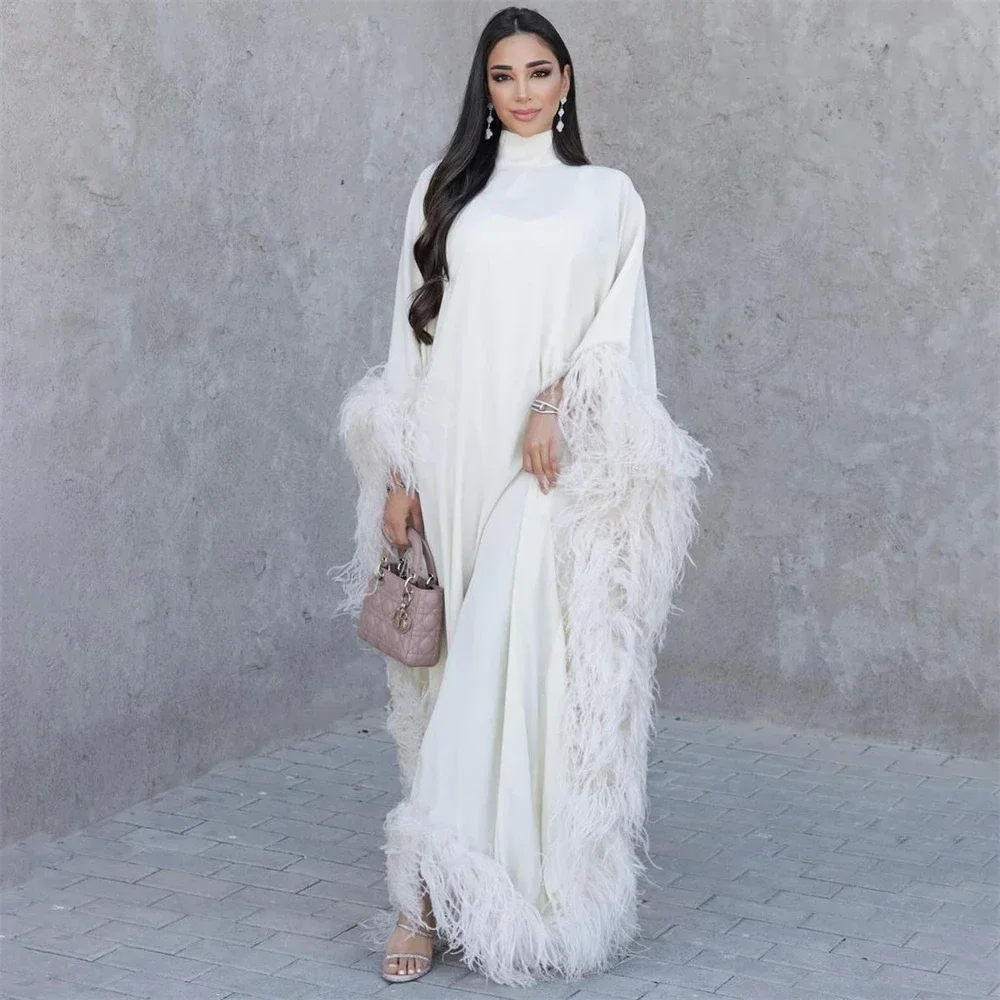 Customized Elegant 2024 Saudi Arabia Satin Long Sleeves High-neck Prom Dresses With Feather A-line Long Evening Formal Ball Gown