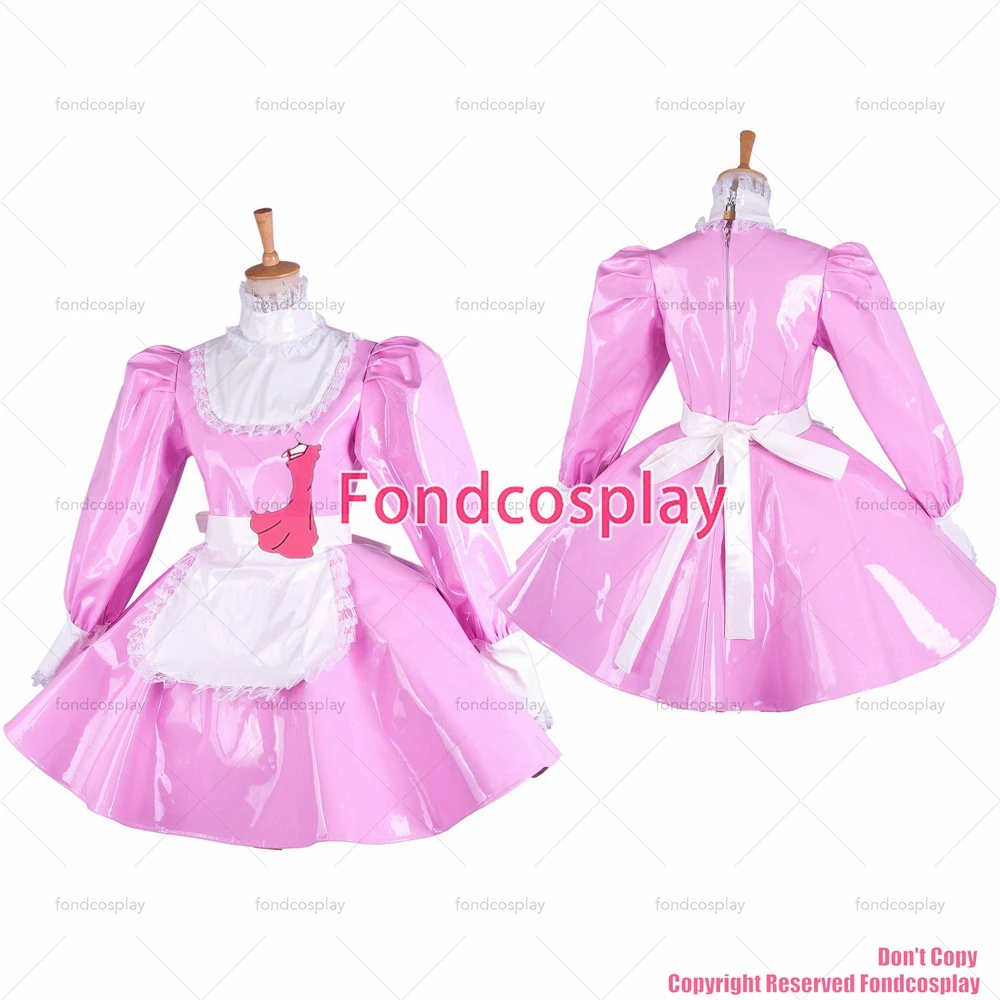 Fondcosplay-vestido cruzado de PVC pesado para adultos, uniforme de vinilo, delantal blanco, CD/TV, color rosa