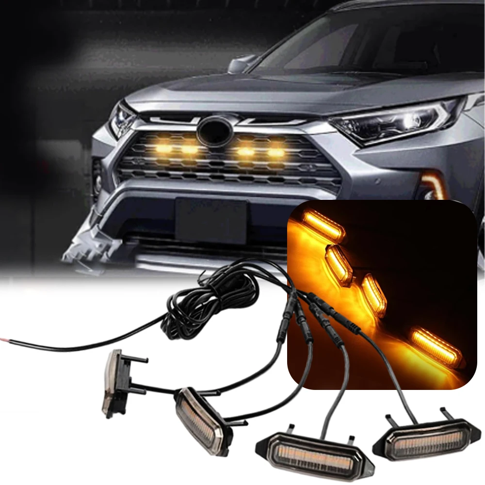 4pcs yellow/smoked black cover, yellow/white light one to four car grille lights suitable for Toyota RAV4 2019-2022