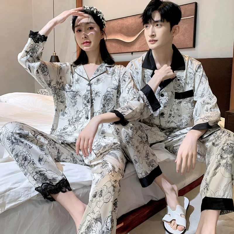 High Quality Satin Couple Pajamas Suit Men Spring Nine quarter sleeves Thin Ice Silk Sleepwear Set Women Summer Home Clothes Boy