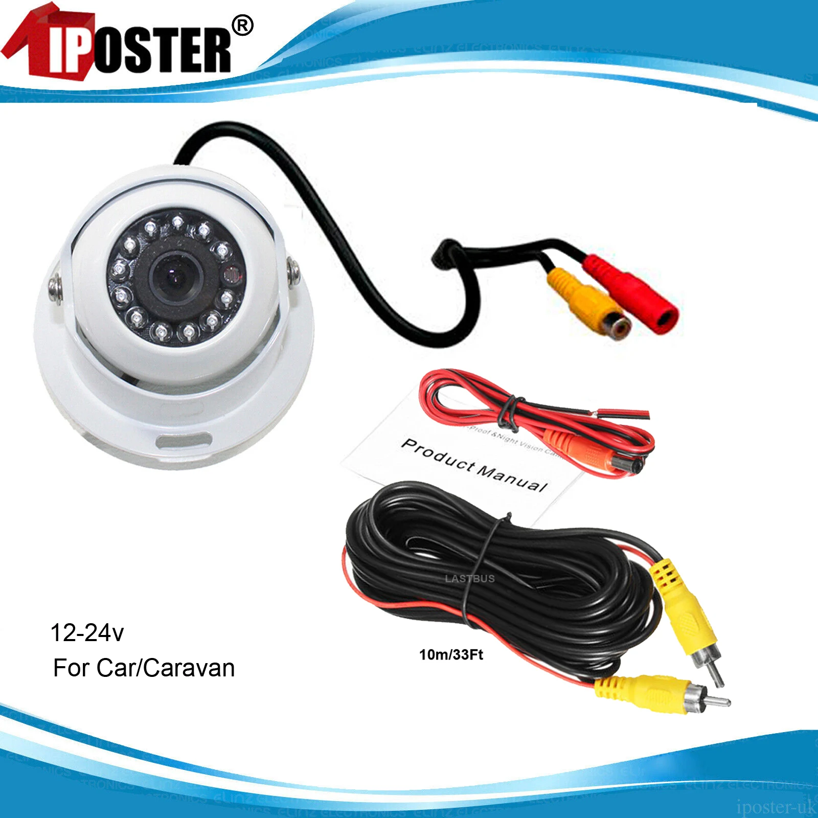 

iPoster White Color Dome Waterproof 12 IR LED RCA Connector Car Rear View Night Vision For Caravan Rv Reversing Backup Camera