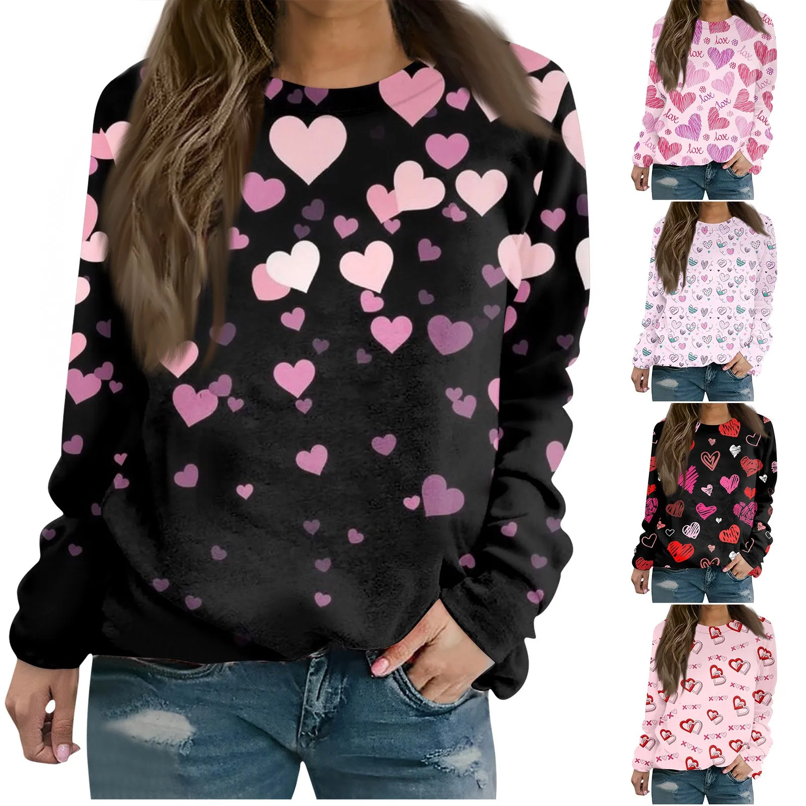 قطع علوية برقبة مستديرة للنساء ، قطع علوية بأكمام طويلة ، بلوفرات مطبوعة الحب ، تي شيرت عادية أحادية اللون ، غير رسمي وعصري ، عيد الحب