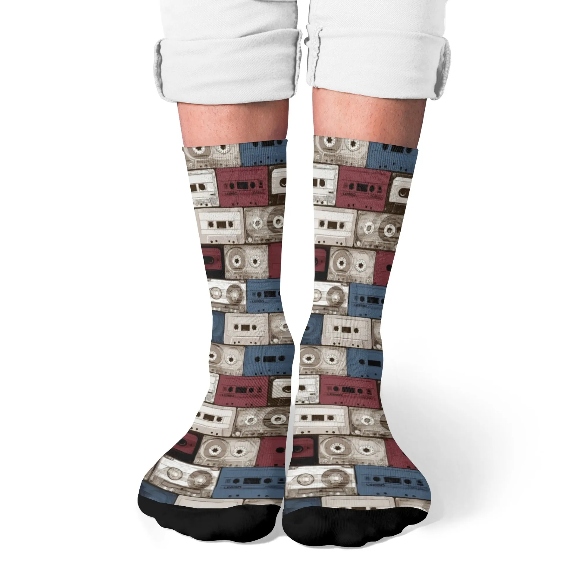 ถุงเท้าผู้ชายลายวินเทจ ดีไซน์เครื่องเล่นเทปคาสเซ็ต ไอเดียของขวัญสำหรับงานเทศกาลดนตรี ถุงเท้าข้อสั้นผ้าโพลีเอสเตอร์สไตล์เรโทร นุ่มและทนทาน