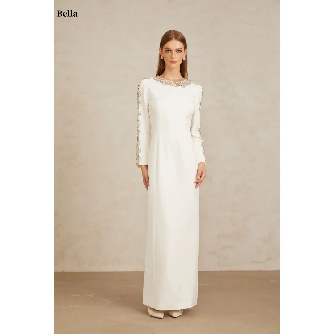 

Bella Customized White Crew Neck Long Sleeve Rhinestone Trim Elegant Fitted Maxi Party Dresses robes de soirée Prom Dress 2025