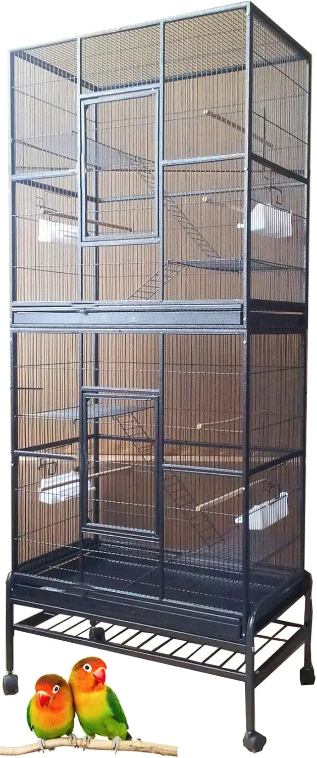 

76" Extra Large Double Stackable Wrought Iron Breeding Bird Parrot Cockatiel Flight Cage Double Feeder Cups