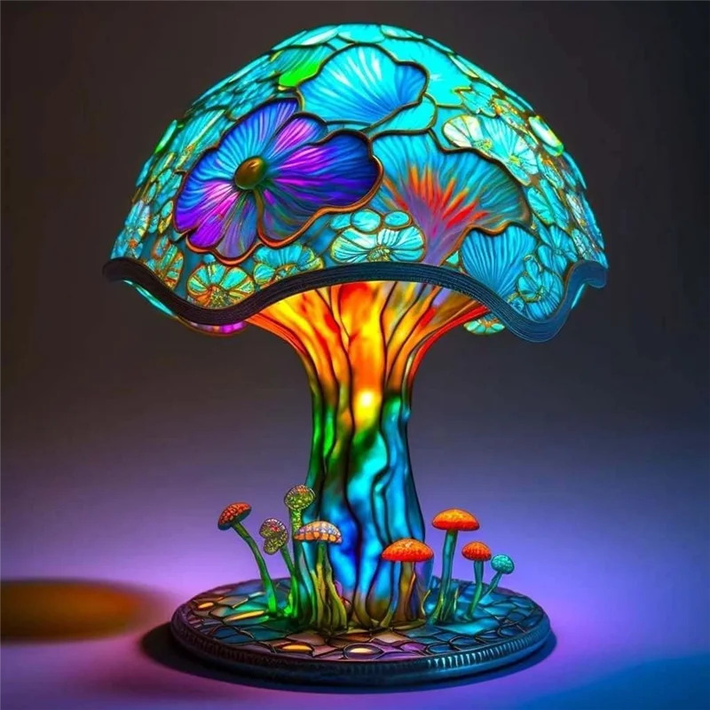 ABLN-Creative Stained Glass Mushroom Table Lamp Vintage Animal Plant Series Shaped Resin Bedroom Decora Household