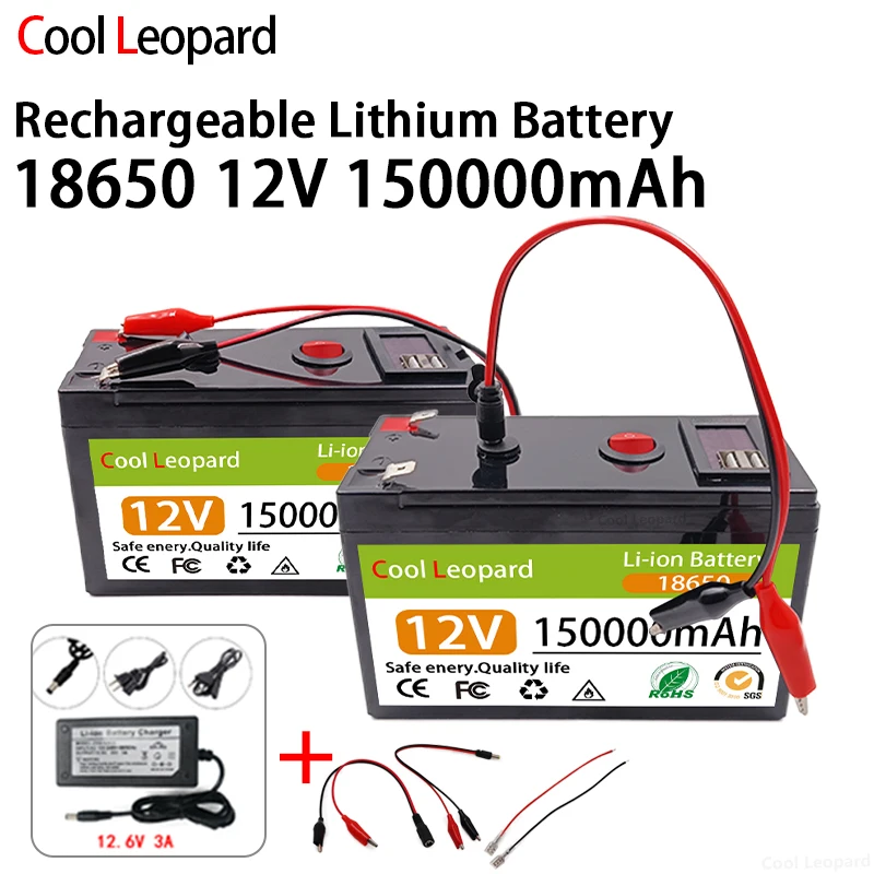 

12V 150Ah 18650 Lithium Battery Pack Solar Rechargeable Battery 750W Built-in BMS Electric Vehicle Battery +12.6v 3A Charger.