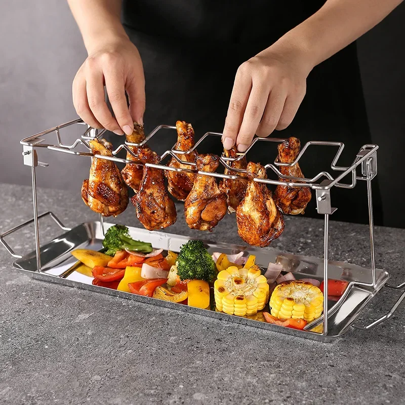 Foldable Barbecue Grill Chicken Wing Leg BBQ Rack With Drip Pan Stainless Steel Barbecue Rack Indoor Outdoor BBQ Accessories