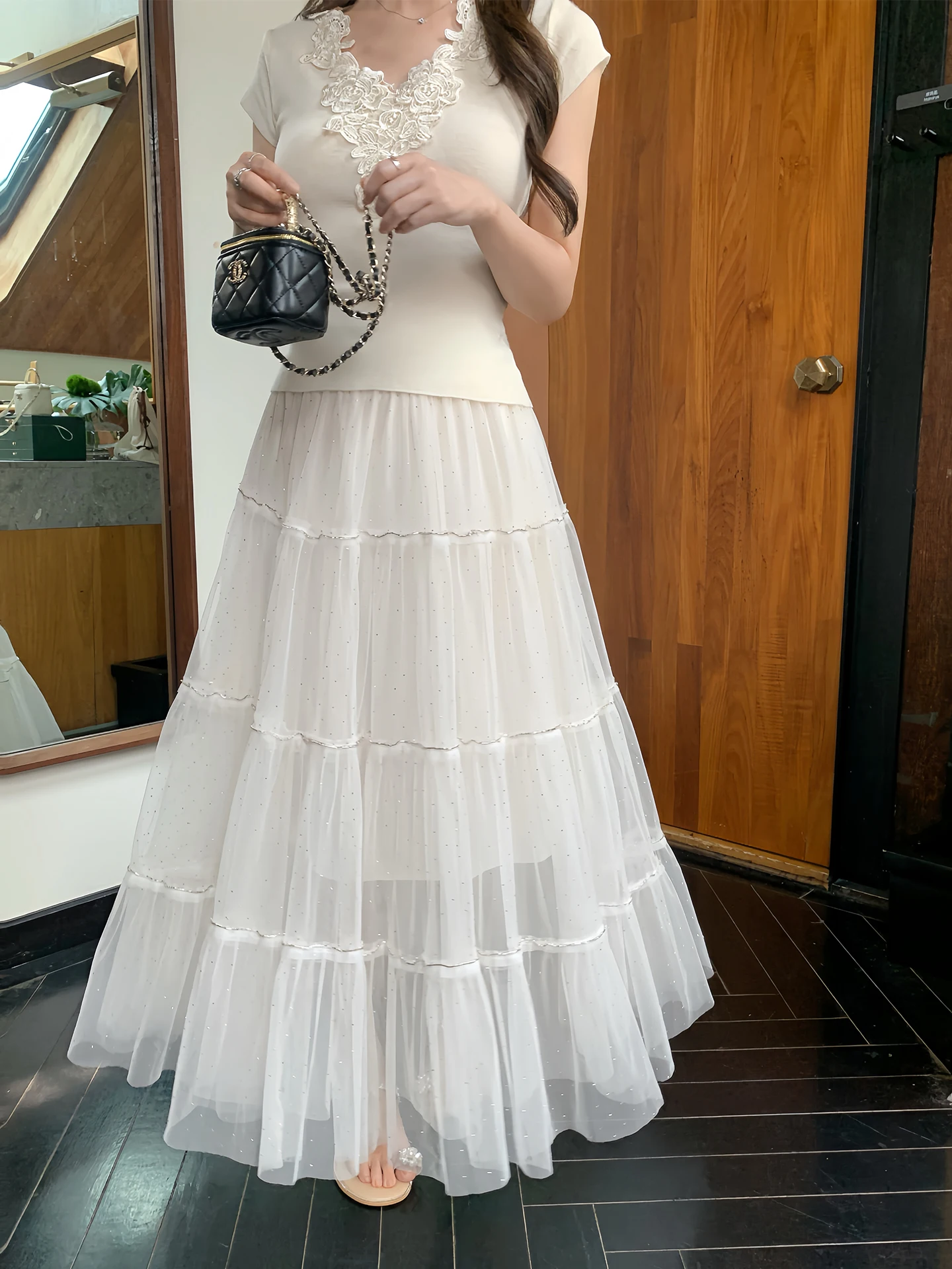 

Summer New White Shiny Heavy Work Half Skirt Women's High Waist Mesh Puffy Skirt Star Moon Series A-Line Soft Comfortable Pol...