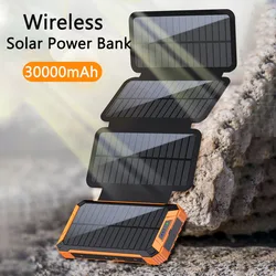 Solar Wireless Power Bank With Cable Solar Panel 30000mAh Portable Charger Powerbank External Battery Pack For iPhone 16 Xiaomi