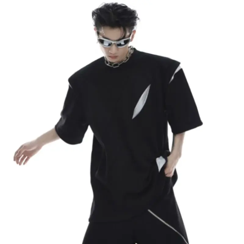 

New Summer Niche Deconstruction Segmented Shoulder Pad Short Sleeve Splicing Design T-shirt High-end Trendy Men's Half-sleeved