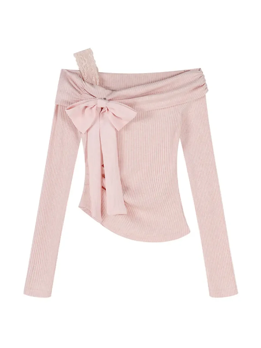 

Japanese Fashion One-shoulder Pure Pink Knitted Base Shirt Women Autumn Winter Off-shoulder Inner Short Sweet Girl Top Urban