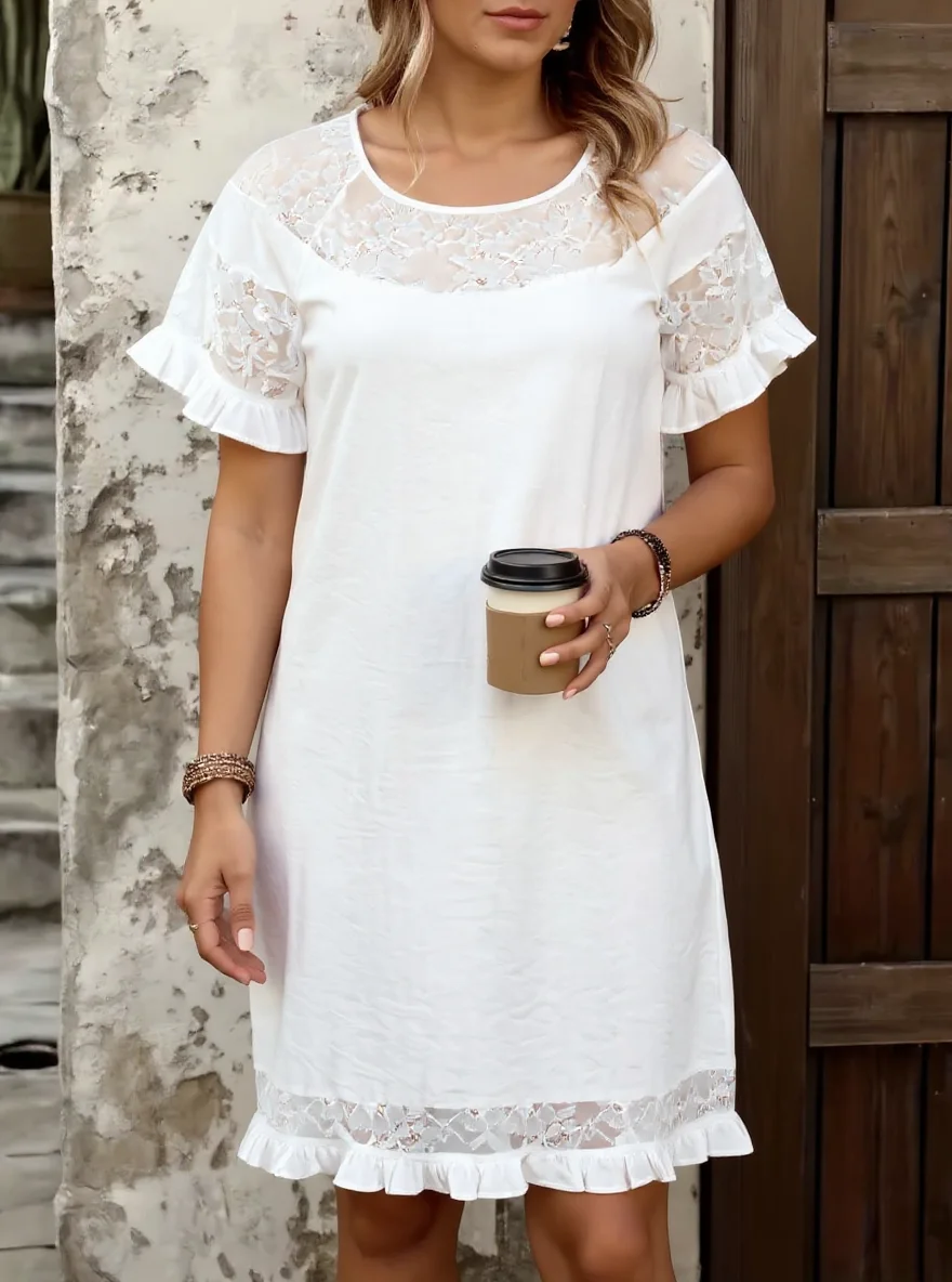 Damen Freizeitkleid mit Rundhalsausschnitt, Kurzen Ärmeln, Spitzen-Patchwork und Rüschen, Romantisches Frühling-Sommer Alltagskleid, Strandkleid