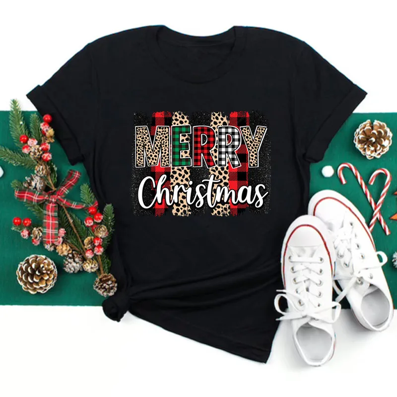 Women Christmas Santa Hat Print Black T Shirt Christmas Xmas Gifts Women's Top Tees Tshirt Harajuku Fashion New Year T-shirt