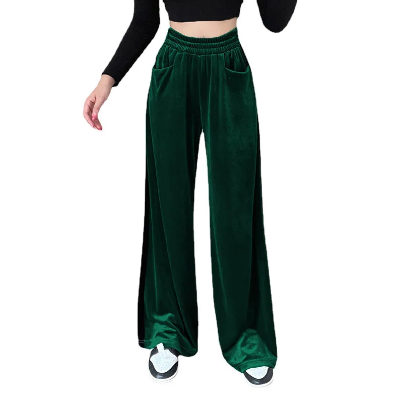 

Versatile Drape Splicing Solid Color Pockets with Elastic Bands New Velvet Waistband Casual Straight Leg Pants for Women