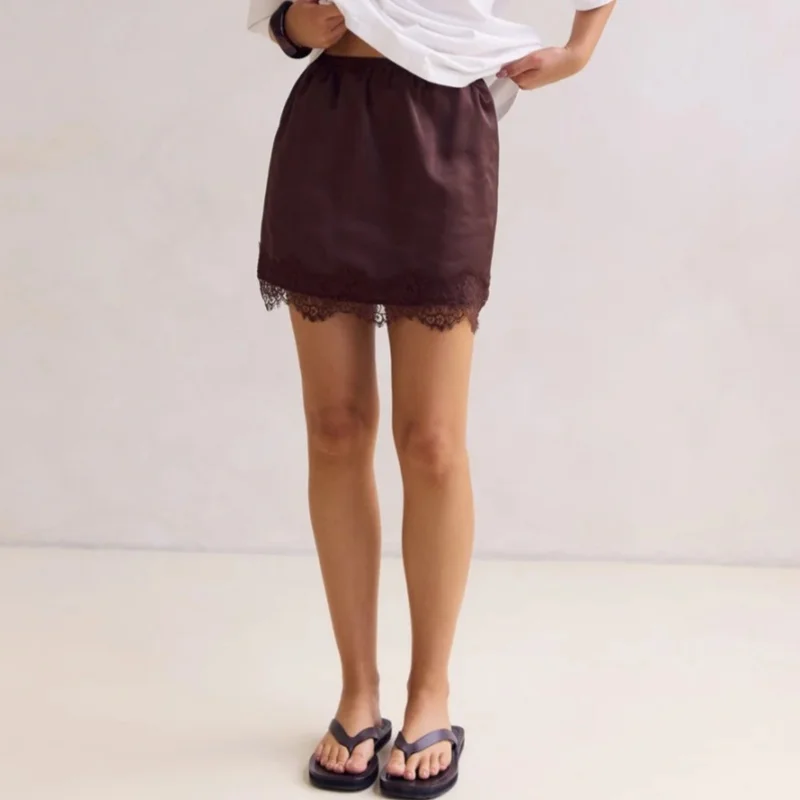 

Women's Satin Lace Trim Mini Skirt Fashionable Short Skirt With Elastic Waistband And Bow, Ideal For Party And Casual Wear