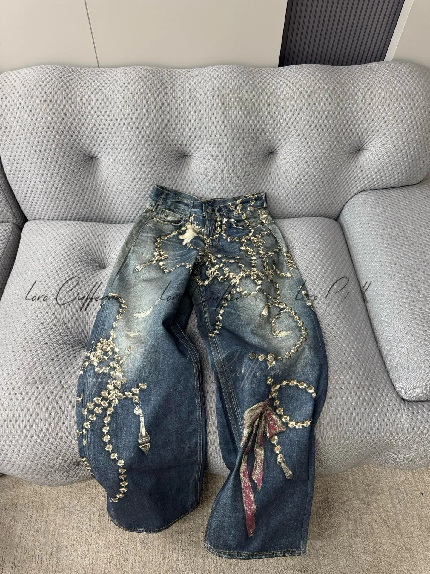 

Loro Ciuffenna American Design Printed Crystal Limited Straight Leg Jeans Long Trousers Men Women High Waist Loose Fit Jeans