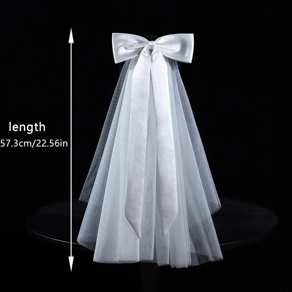 شال جميل طويل من الساتان القوس الحجاب طبقة واحدة لينة تول العروس الأبيض القبعات لينة اليدوية غطاء الرأس الزفاف الكنيسة #6