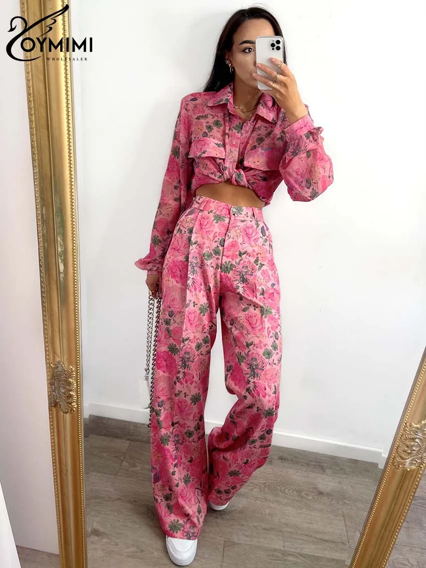 Oymimi Elegant Pink Print 2 Piece Sets Women Outfit Fashion Lapel Long Sleeve Pockets Shirts And Straight Button Trousers Sets