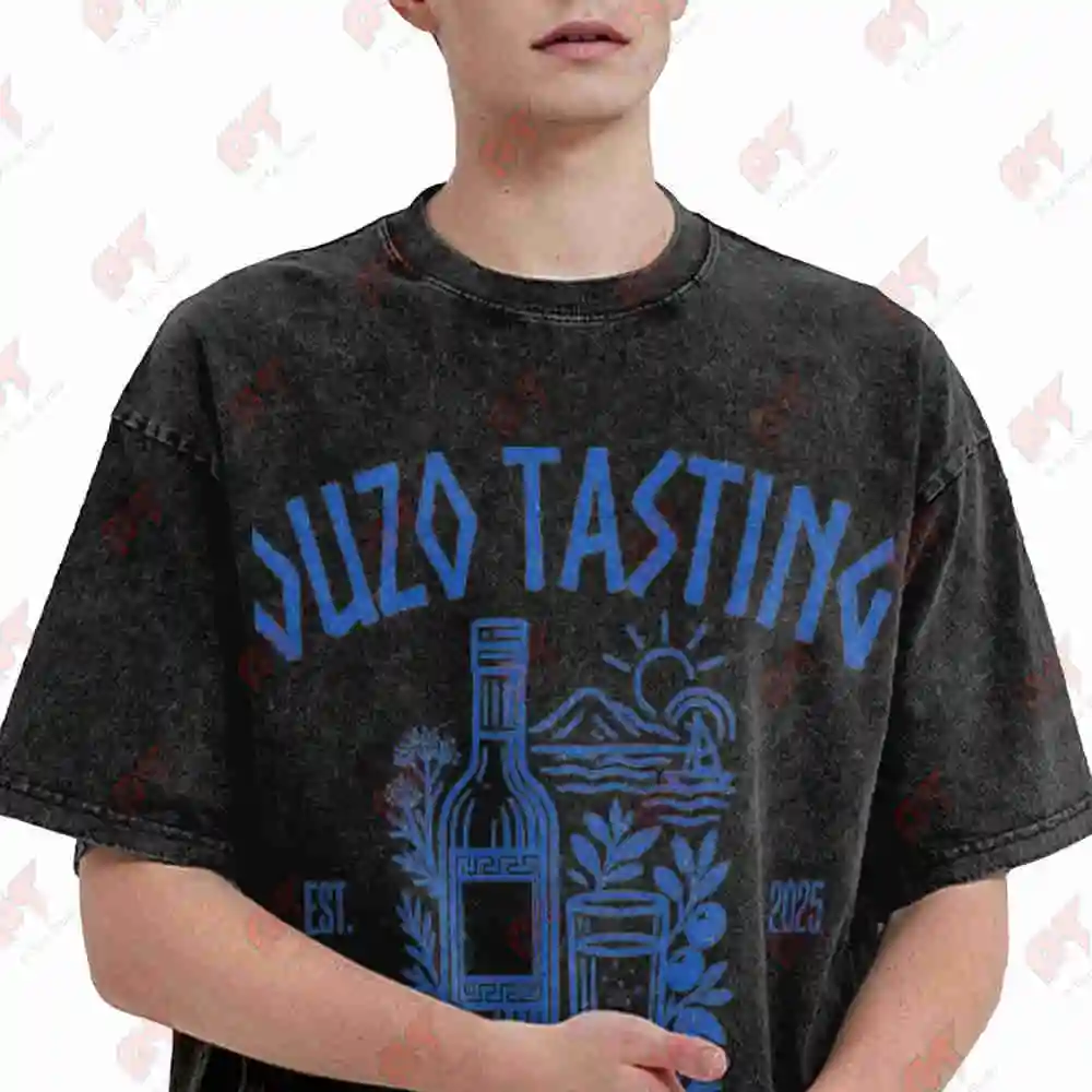 Ouzo Tasting Social Club Raki Anis Schnapps Greece Vintage Washed Tee Pure Cotton T-Shirt