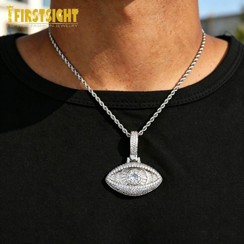 New Iced Out Stereoscopic Eye Pendant Necklace Prong Setting Bling Cubic Zirconia Evil Eye Charm Men Women Hip Hop Jewelry