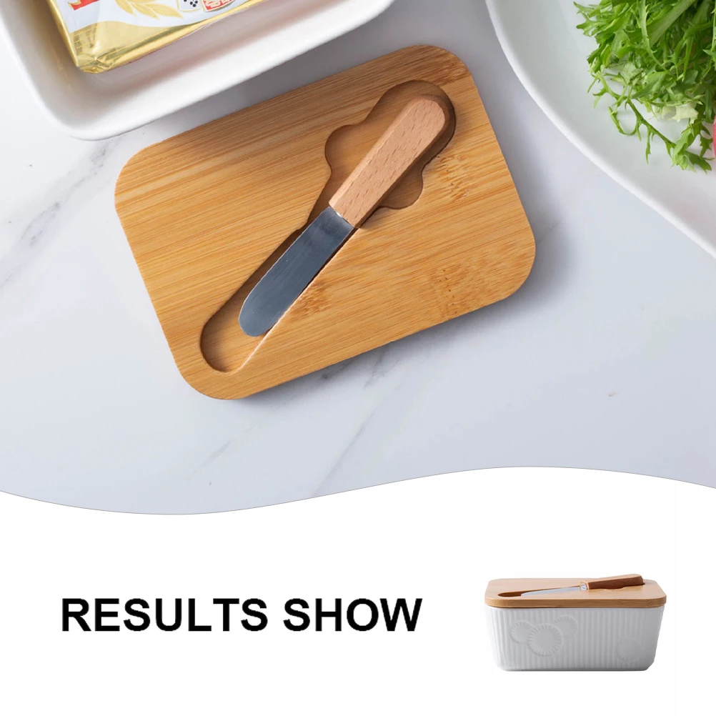 

Ceramic Butter Box Small Bamboo Lid Relief Patterns Design Tableware Set Kitchen Bar Supplies Food Container Ceramics
